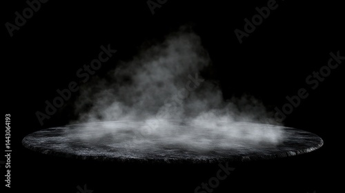 Mystical smoke rising from a dark circular platform against a black background.