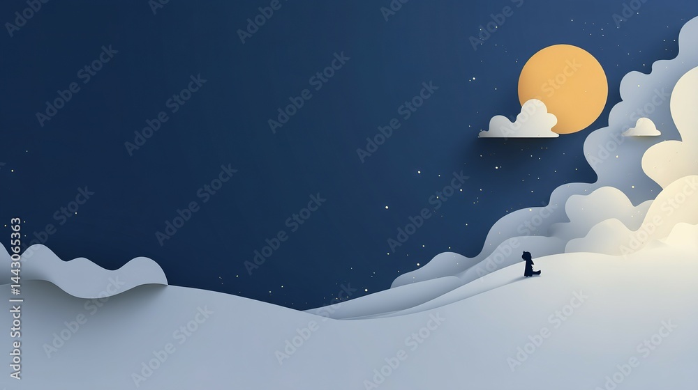 Naklejka premium Silhouette figure on snowy landscape under a soft night sky.