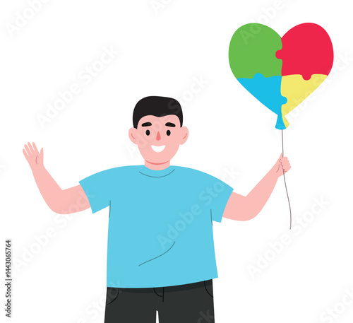 A boy with autism is positive, smiling, holding a balloon in the form of a heart with colorful puzzles. Vector flat graphics.