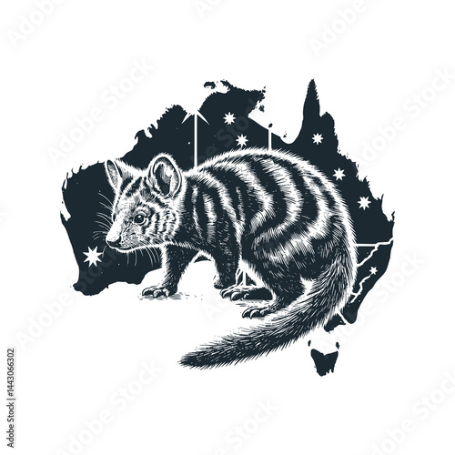 Tazmanian Tiger with Australia map – Black and White Icon Vector and Illustration