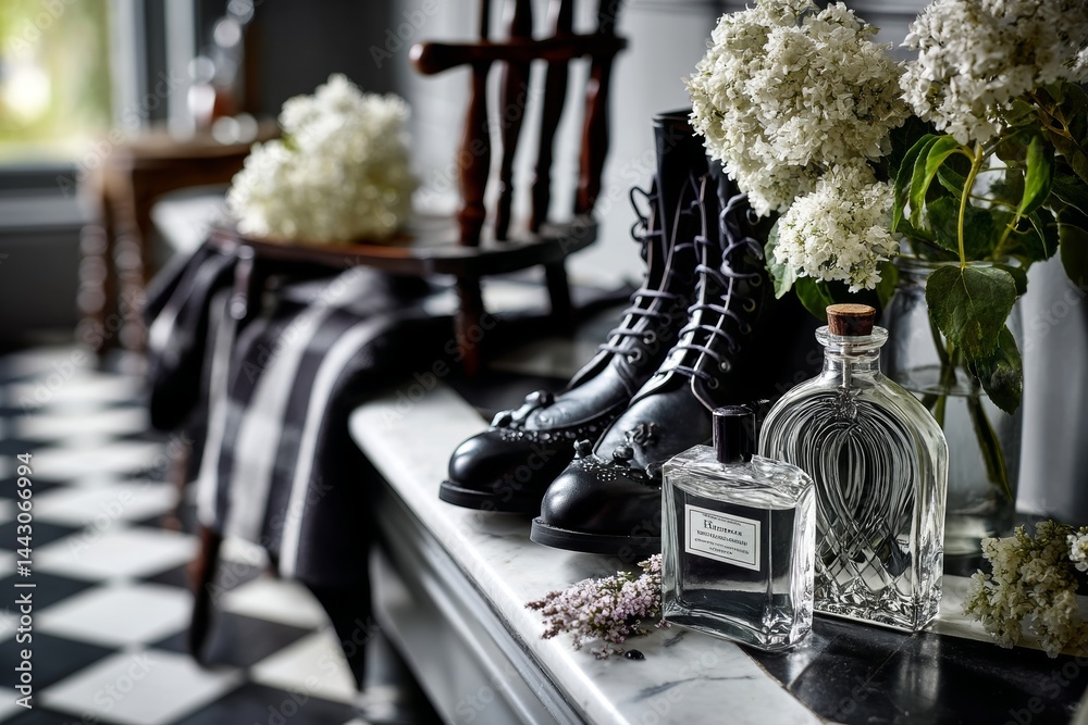 Classic black and white tile floor with a touch of elegance.