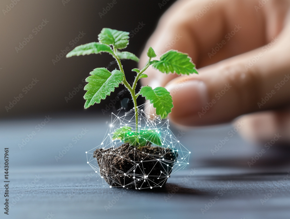 Hand touching growing plant with network connection: future of agriculture and technology