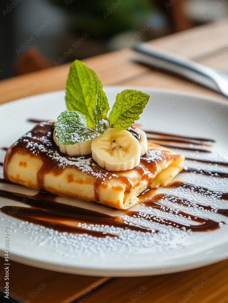 Delicious crepe with banana, chocolate, mint and powdered sugar on white plate
