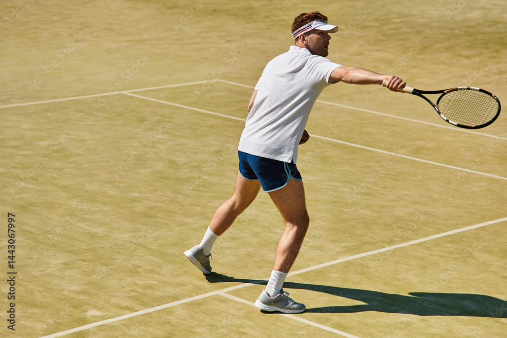 Handsome player in white sportswear showcasing skills on the tennis court during summer Handsome player in white sportswear showcasing skills on the tennis court during summer