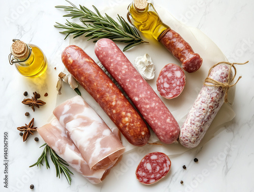 Variety of sausages, salami slices, ham and spices with olive oil on marble table