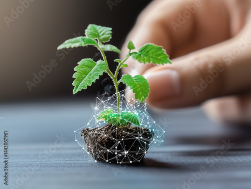 Obraz na płótnie Hand touching growing plant with network connection: future of agriculture and technology w salonie