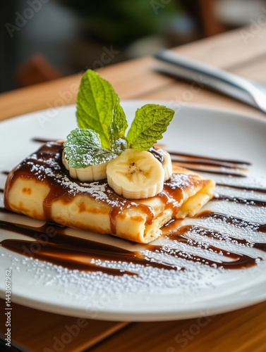 Obraz na płótnie Delicious crepe with banana, chocolate, mint and powdered sugar on white plate w salonie