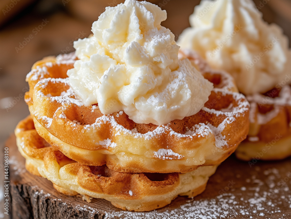 Delicious waffles with whipped cream topping and powdered sugar on rustic wooden background