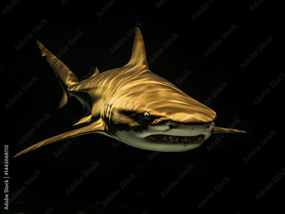 Majestic shark swimming in dark water with light reflections