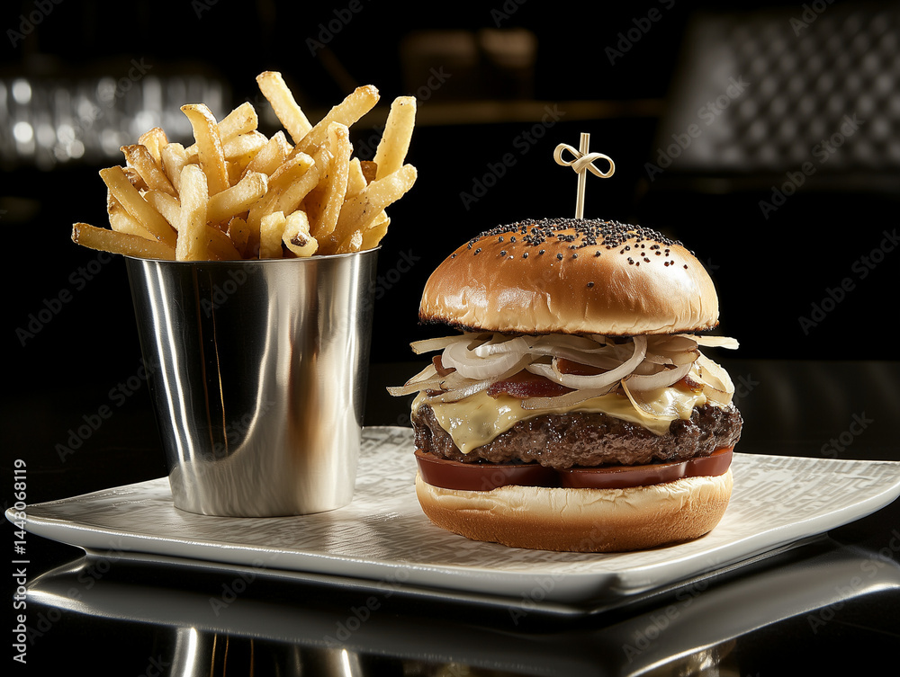 Gourmet cheeseburger with french fries served on plate in upscale restaurant