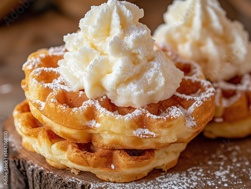 Obraz na płótnie Delicious waffles with whipped cream topping and powdered sugar on rustic wooden background w salonie