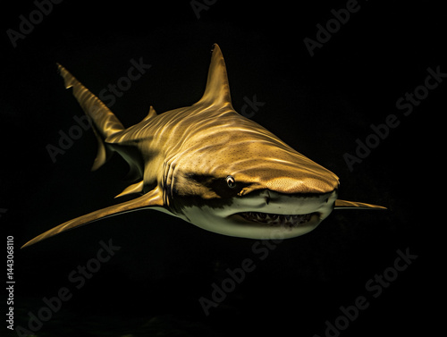 Obraz na płótnie Majestic shark swimming in dark water with light reflections w salonie