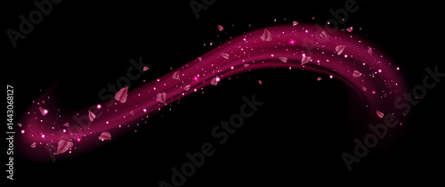 Pink fresh air or wind effect with leaves on transparent background. Vector realistic illustration with sparkling particles, sakura petals, romantic vortex, spring leaves