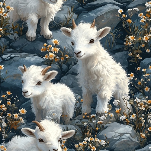 Seamless pattern of so cute goat cartoon with flower and leaf. Generative AI