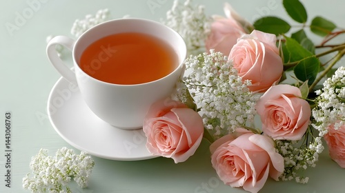 Delicate Tea Cup Surrounded by Elegant Pink Roses and White Flowers on Soft Green Background