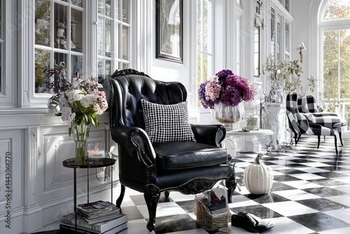 Obraz na płótnie Classic black and white tile floor with a touch of elegance. w salonie