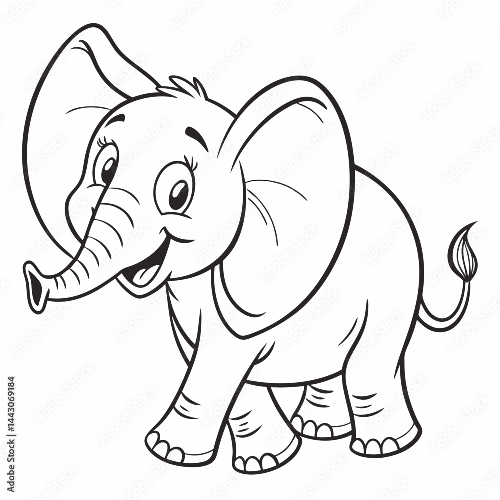 Fototapeta premium Adorable Cartoon Elephant Free Black and White Illustration