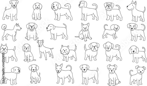 Dog Breeds line icon set. Vector pictograms of labrador, golden retriever, german shepherd, bulldog, beagle, poodle, dachshund, pug, shih tzu, maltese, yorkshire terrier