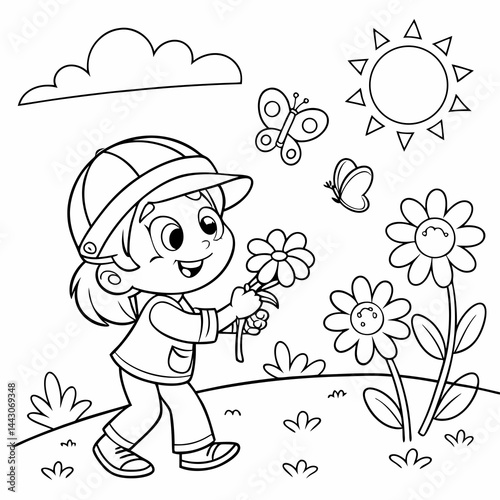 Cheerful Girl Picking Flowers Coloring Page Fun Line Art for Kids