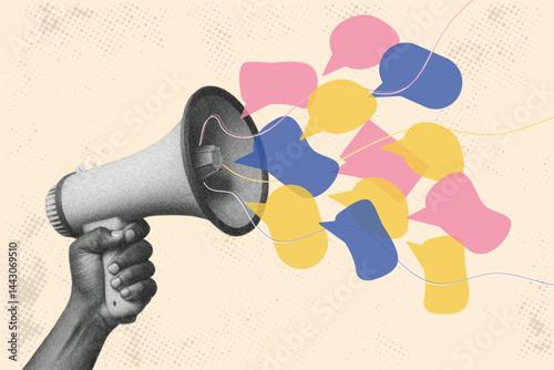 photocopy hand with megaphone giving voice message, public announcement, advice or communication concept.