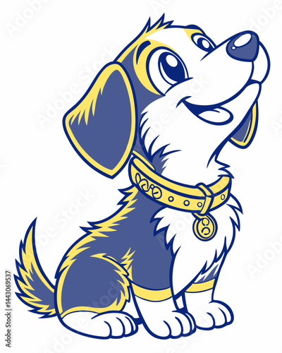Adorable Cartoon Puppy Illustration Blue and Gold Stylized Design