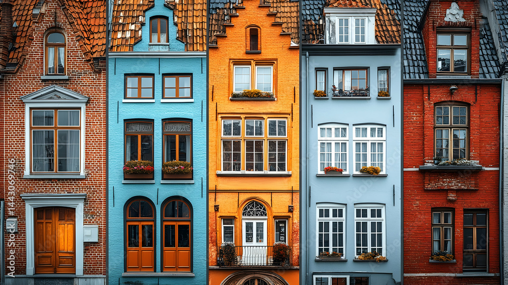 Fototapeta premium Colorful buildings stand side-by-side each with unique windows doors and brickwork