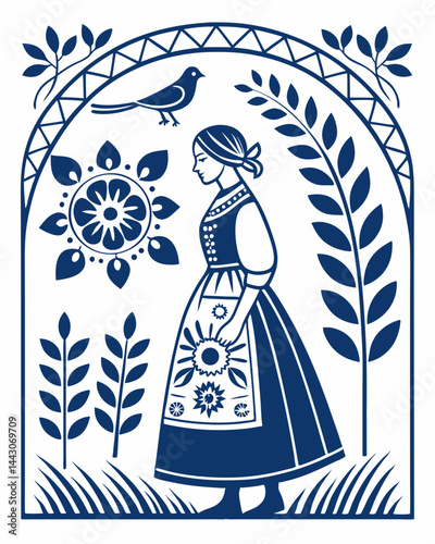 Blue Scandinavian Folk Art Illustration Woman in Traditional Dress