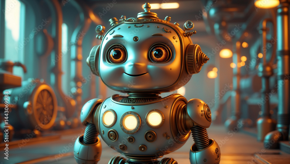 Fototapeta premium Retro-Futuristic Steampunk Robot with Cute Design and Industrial Background – 4K Sci-Fi Art