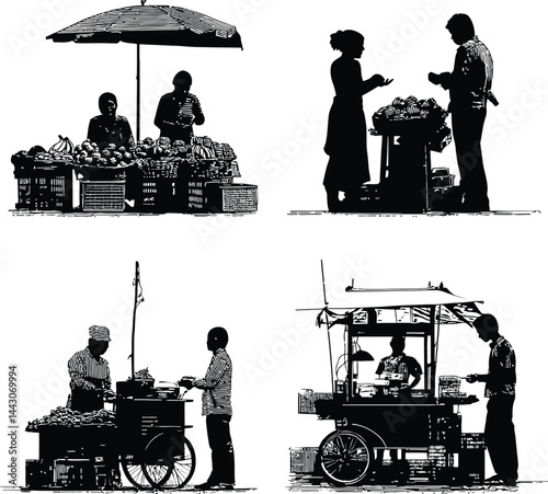 Vector Set of Four Street Vendor Silhouettes, Featuring Individuals Selling Fruits and Vegetables Under an Umbrella, a Small Cart Transaction, a Mobile Food Stand with a Canopy, and a More Elaborate 
