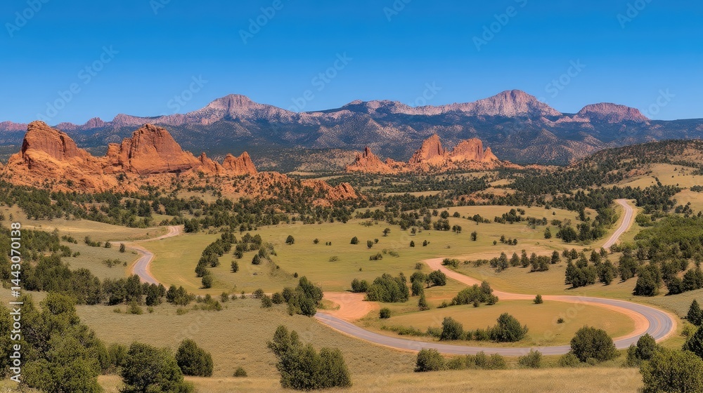 Fototapeta premium A winding asphalt road curves through a grassy valley with red sandstone rock formations and a majestic mountain range under a clear blue sky.