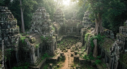 A weathered temple hidden beneath tangled vines and the crumbling ruins of a bygone era.