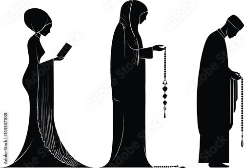 Vector Set of Three Spiritual Practice Silhouettes, Featuring a Person Reading a Book, Another Individual Holding a String of Prayer Beads with Head Slightly Bowed, and a Third Figure Holding Prayer 