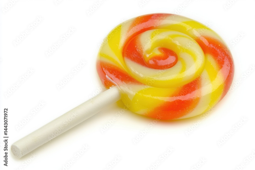 Captivating swirl lollipop against white backdrop showcasing its vibrant yellow and orange hues, evoking a sense of joy and sweetness in a simple studio shot. Captivating swirl lollipop against white backdrop showcasing its vibrant yellow and orange hues, evoking a sense of joy and sweetness in a simple studio shot.