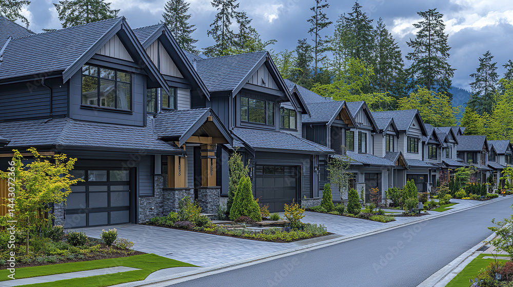 Newly built neighborhood with identical houses, showcasing modern architecture and landscaping Newly built neighborhood with identical houses, showcasing modern architecture and landscaping