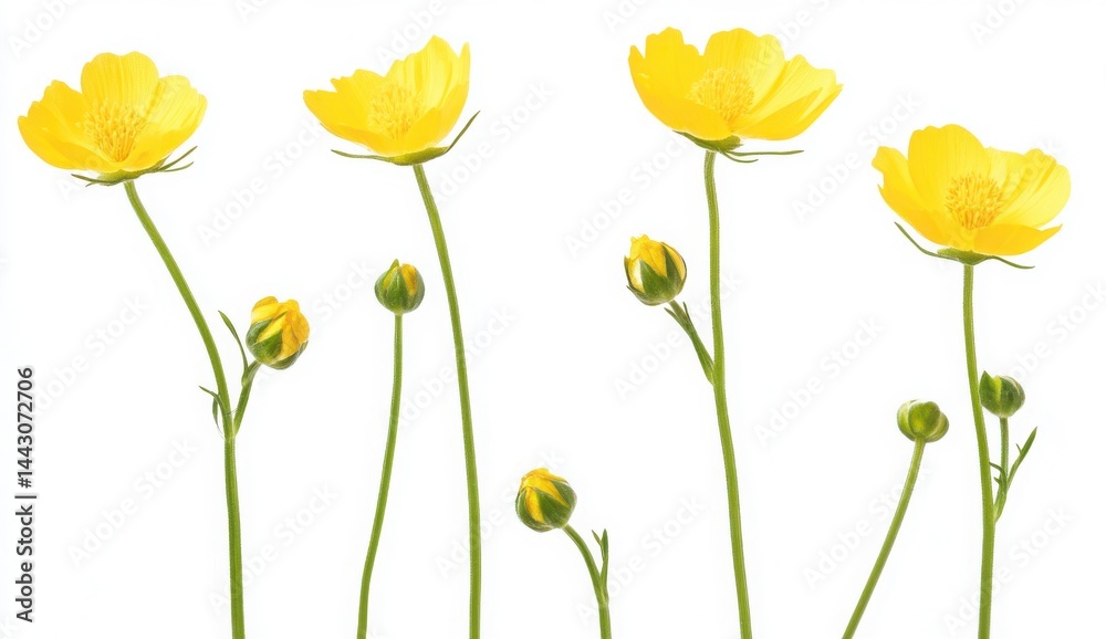 Obraz premium Closeup Of Five Yellow Flower Blossoms And Buds Against White Background