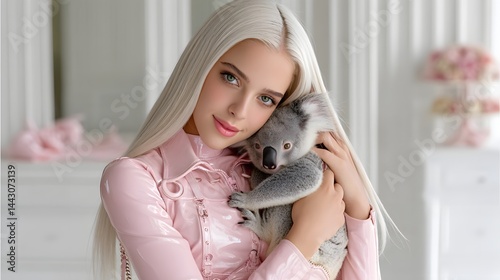 Young woman with long blonde hair holding a cute koala in a bright, stylish indoor setting