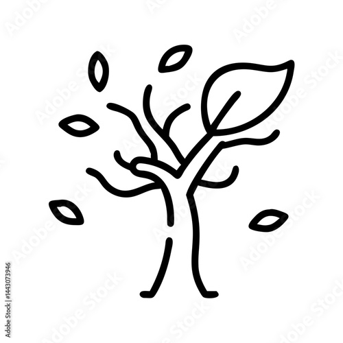An iconic tree with leaves in fall style, leaves falling from the wind  