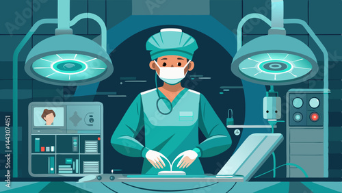 A woman in a green lab coat is wearing a mask and working in a hospital. Concept of professionalism and dedication to her work