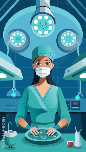 A woman in a green lab coat is wearing a mask and working in a hospital. Concept of professionalism and dedication to her work