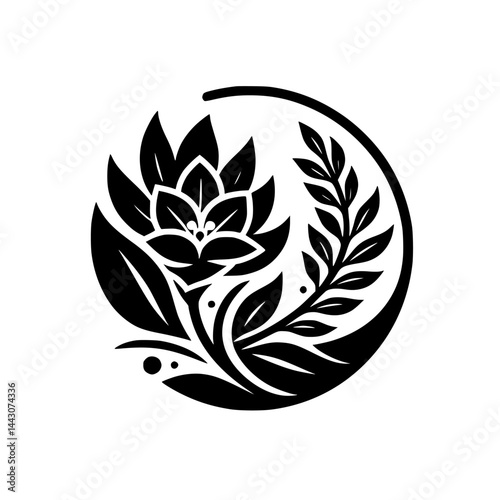 Elegant Black & White Graphic Floral Design in Partial Circle - Stylized Flower & Leaf Illustration