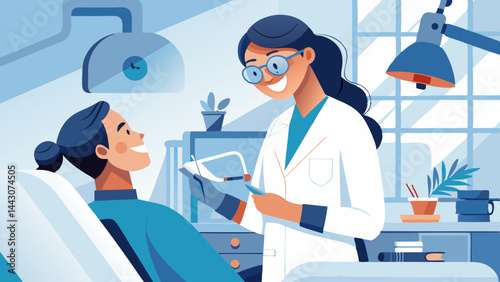 A woman is getting her teeth cleaned by a dentist. The dentist is wearing a mask and the woman is wearing sunglasses. Scene is lighthearted and playful