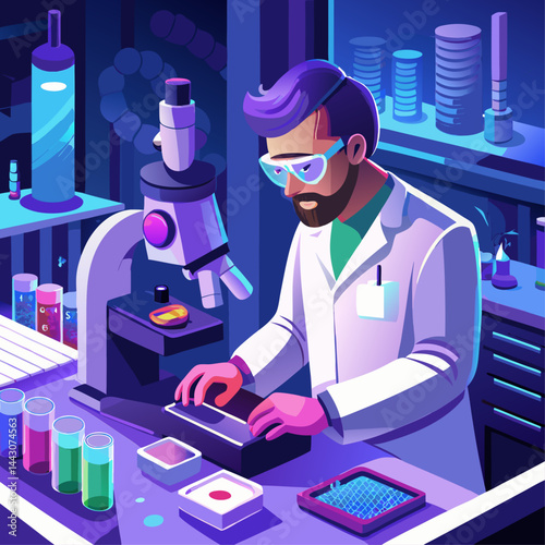A man in a lab coat is working on a computer. He is wearing safety glasses and is surrounded by various scientific equipment. Concept of focus and concentration as the man works on his task