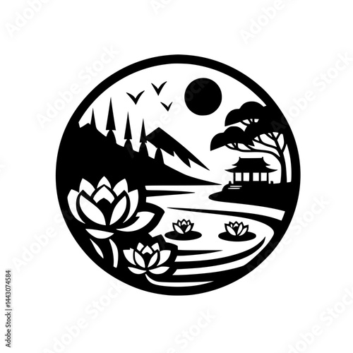 Peaceful Oriental Landscape Silhouette Circle - Lotus, Temple, Mountains, Birds, Water - Black and White Minimalist Design