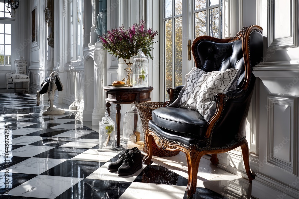 Classic black and white tile floor with a touch of elegance.