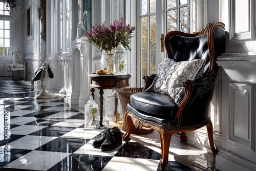 Obraz na płótnie Classic black and white tile floor with a touch of elegance. w salonie