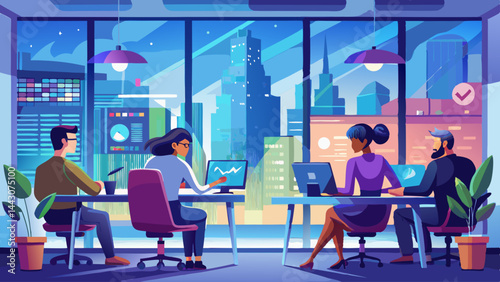 A group of people are working in an office with a view of the city. There are four people in total, with two sitting at a desk and two sitting in chairs. The office has a modern and professional feel