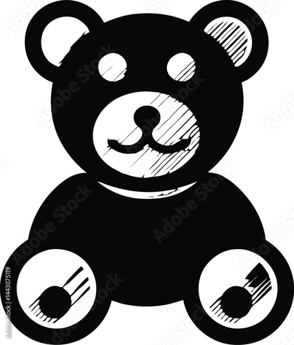 Vector Illustration of a Teddy Bear with Textured Hatch Marks, Featuring a Round Head, Circular Eyes, and Soft Rounded Limbs