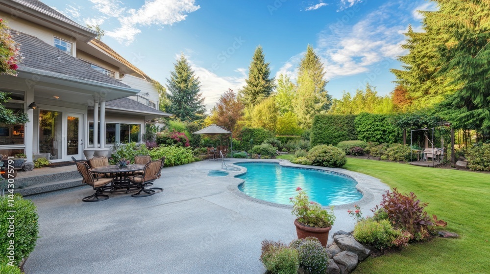 Luxurious backyard retreat with swimming pool and manicured landscaping, perfect for outdoor relaxation and entertaining Luxurious backyard retreat with swimming pool and manicured landscaping, perfect for outdoor relaxation and entertaining