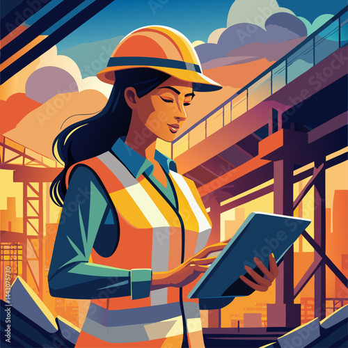 A woman in a hard hat and safety vest is looking at a tablet. Concept of focus and determination as the woman works on her tablet