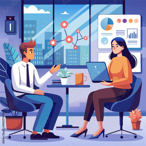 A man and a woman are sitting at a table in a room. The man is wearing a tie and the woman is wearing a yellow shirt. They are talking to each other